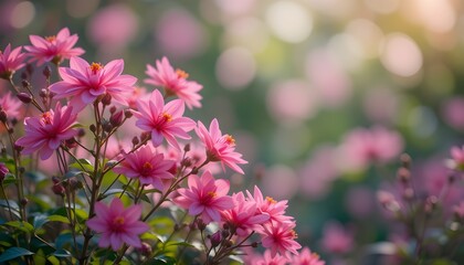Vibrant pink flowers blooming in a garden with a soft bokeh background, evoking serenity
By cherry