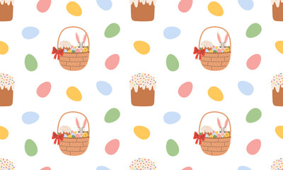 Seamless pattern with bunny in basket, Easter cake and egg. Spring print for textiles, wallpaper, fabric, design of things and objects. Easter background. Flat vector illustration in hand drawn style