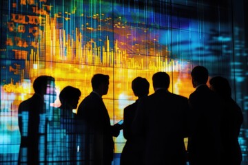 Silhouetted businesspeople observing vibrant stock market data displayed on a large screen.