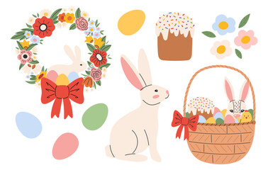 Cute Easter set. Spring collection with rabbits, flowers wreath, painted egg, basket. Vector illustration in flat hand drawn style 