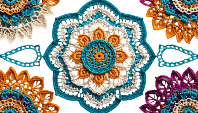 Colorful crochet lace mandala designs intricate patterns png