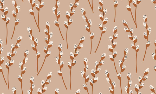 Seamless pattern willow branches. Spring background. Easter pussy willows. Flat vector illustration in hand drawn style