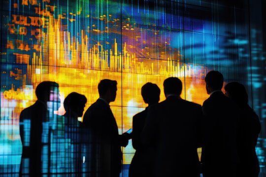 Silhouetted businesspeople observing vibrant stock market data displayed on a large screen.