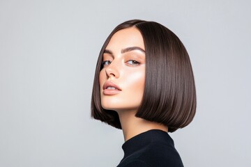Naklejka premium confident woman with trendy textured bob haircut faces camera her sleek hairstyle capturing attention amidst minimalist