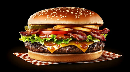 Delicious burger with bacon, fries, and cheese