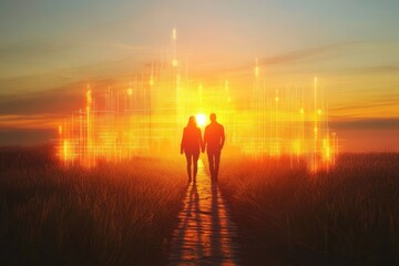 Silhouette of a couple holding hands walking away into a vibrant sunset with a digital graphic overlay.