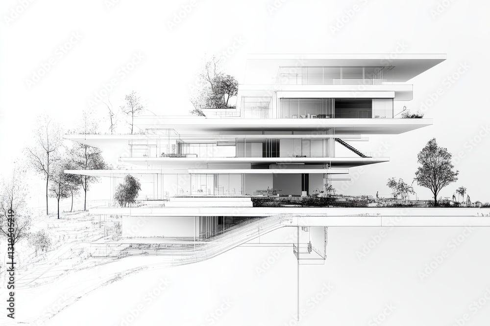 Poster modern architectural concept of a minimalist house with natural elements and open spaces