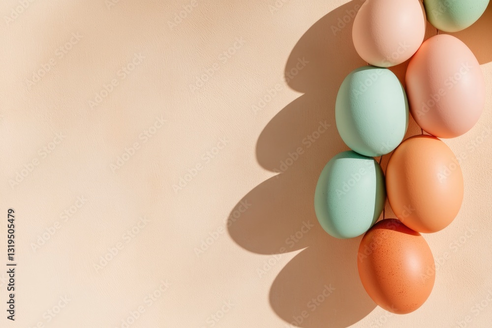 Poster creative view of colorful easter egg garland hanging on neutral wall with shadows adding depth and s