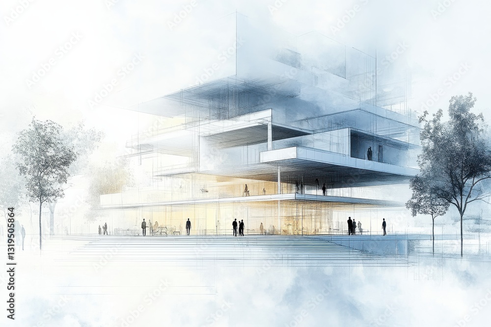 Poster modern architectural design concept with layered structure and atmospheric ambiance