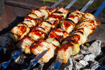 Grilled sturgeon shashlik with onions on coals.