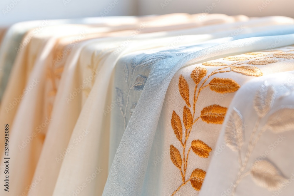 Poster detailed close-up of tablecloths with intricate embroidery displayed neatly on white table with gene