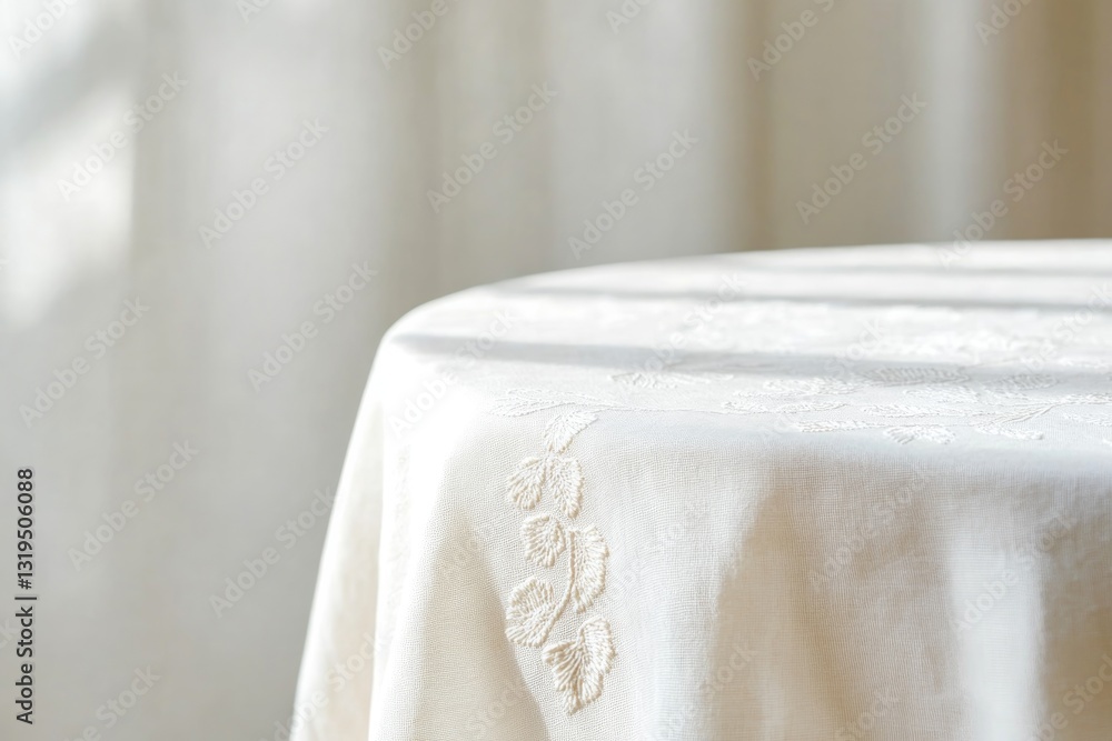 Poster detailed close-up of tablecloths with intricate embroidery displayed neatly on white table with gene