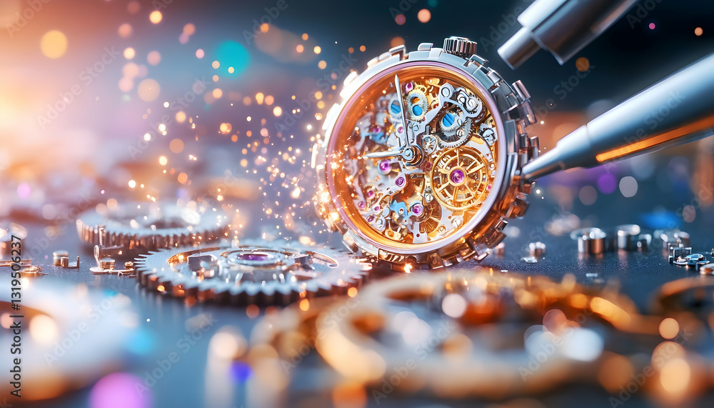 Poster detailed view of a mechanical watch's intricate inner workings, exploding with sparks and precise ma