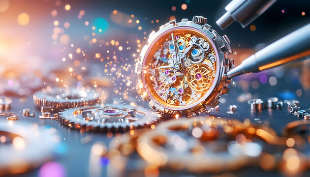 Detailed view of a mechanical watch's intricate inner workings, exploding with sparks and precise machinery