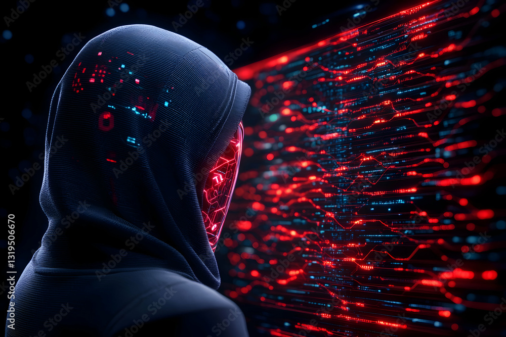 Poster digital hacker in hooded jacket, facing away from viewer, gazing at glowing code