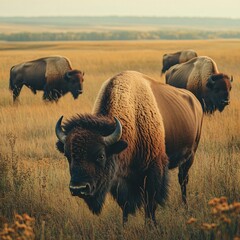 Bison herd grazing in tall grasslands north america wildlife photography serene nature close-up view conservation awareness