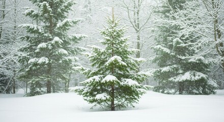 Naklejka premium Snowy Forest Scene with Evergreen Tree in Winter Wonderland Ambiance