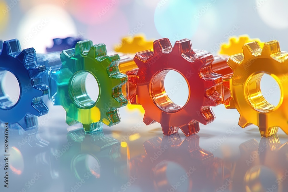 Poster interlocking colorful gears symbolize teamwork, collaboration, and the complex mechanics of a system