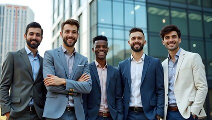 Obraz premium group of confident businessmen standing outside a corporate building, discussing strategies, networking and preparing for a professional business meeting in a modern work environment 