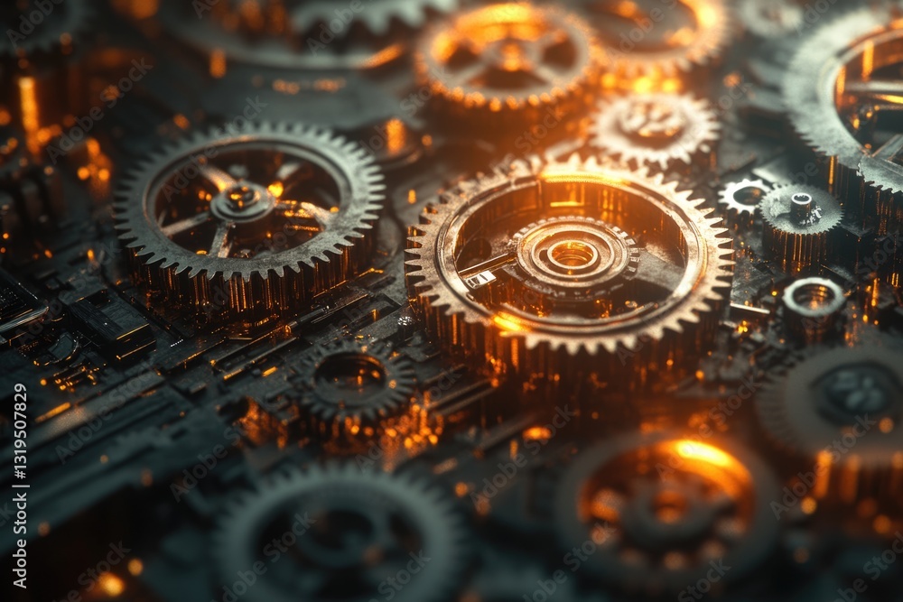 Poster intricate clockwork gears interlock, creating a mesmerizing display of mechanical precision and arti