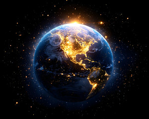 Fototapeta premium Earth at night, seen from space, lit up by city lights