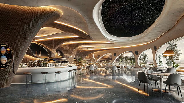 Luxury space hotel restaurant with views of Saturn&rsquo;s rings, modern and sleek design