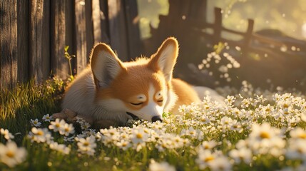 Obraz premium A fluffy dog naps peacefully amidst a field of daisies, bathed in warm sunlight near a rustic fence