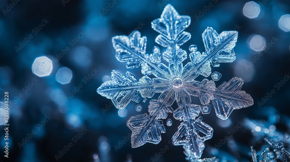 Poster A macro shot of a snowflake's intricate patterns, sparkling with light
