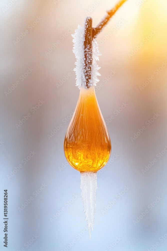 Poster frozen drop of sap hanging from spile on maple tree with intricate ice crystals reflecting sunlight 