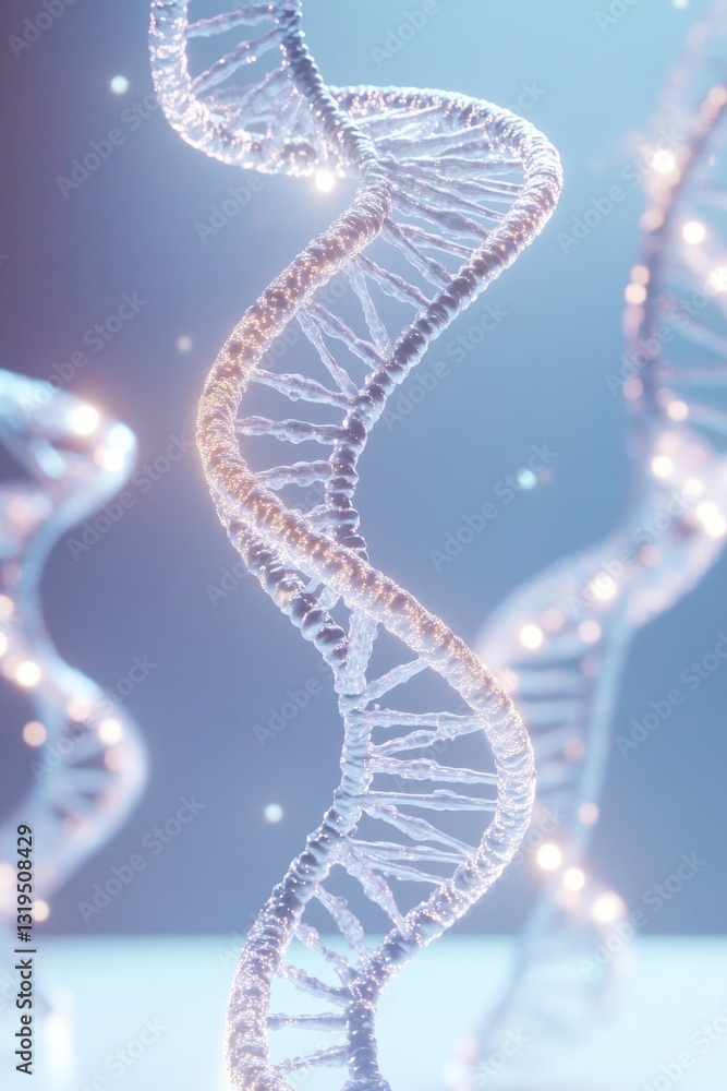 Poster futuristic holographic display of evolving dna strands floating in pristine sterile void emphasizing