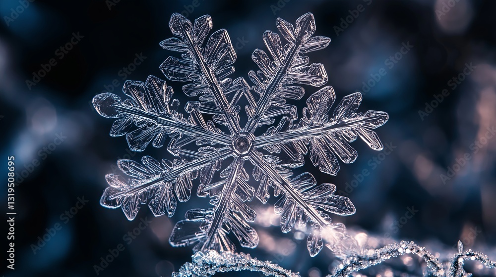Poster A macro shot of a snowflake's intricate patterns, sparkling with light