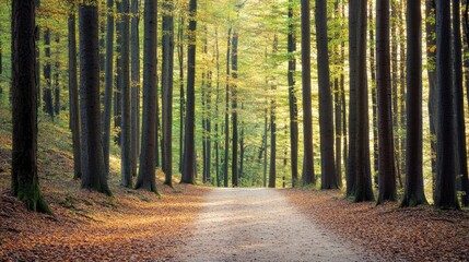 Fototapeta premium gently winding forest trail during autumn leaves carpeting ground in vibrant hues leads into horizon