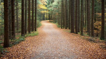 Fototapeta premium gently winding forest trail during autumn leaves carpeting ground in vibrant hues leads into horizon