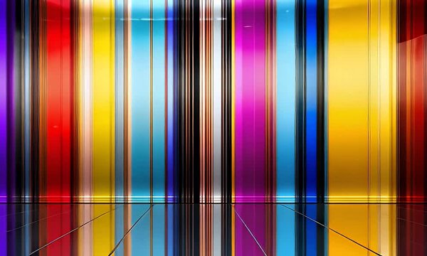 Vibrant Abstract Background with Vertical Lines in a Spectrum of Colors Modern Art Design with Geometric Patterns Stripes and Reflective Floor