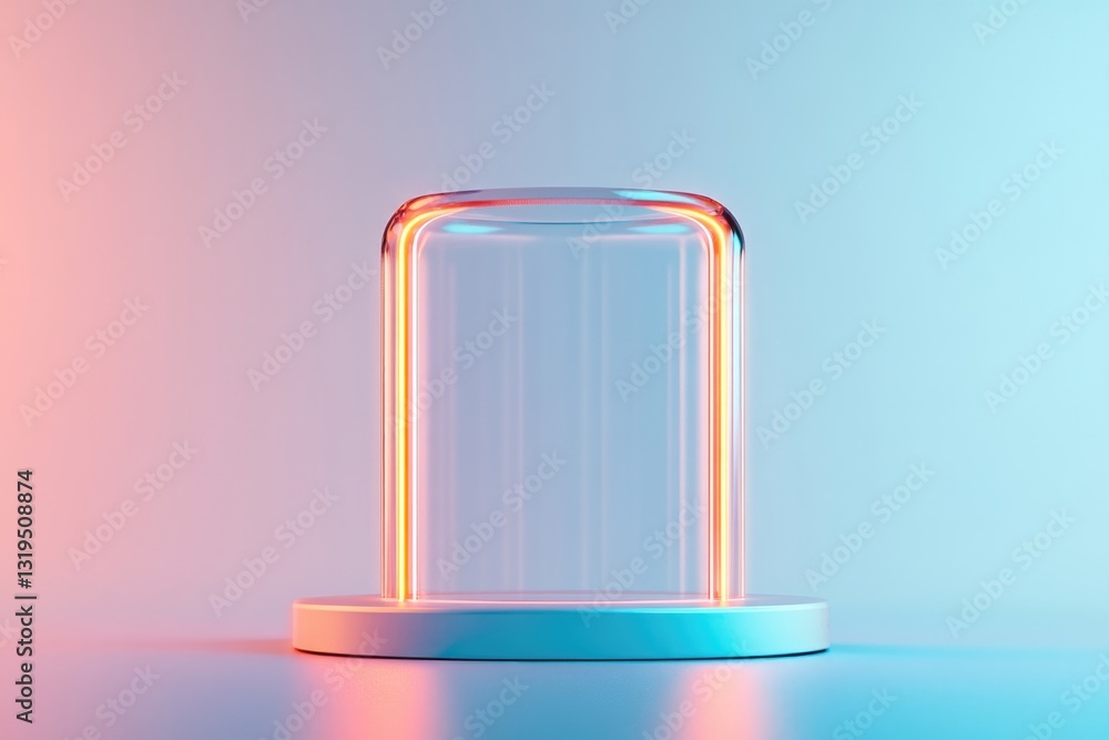 Poster glossy rounded podium with glowing neon underlighting displayed in high-tech futuristic setting with