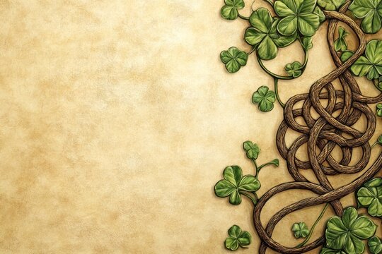 Intricate celtic knot with green clovers on textured background