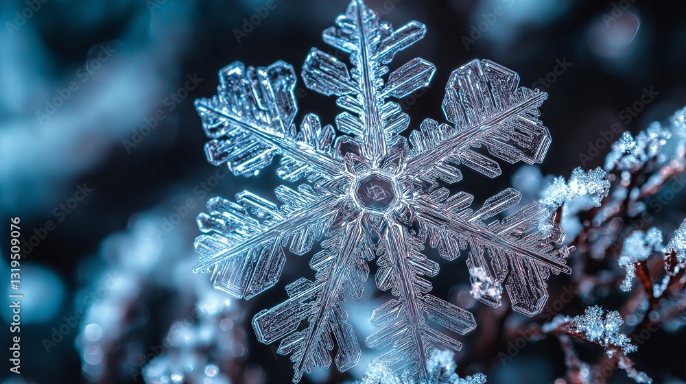 Poster A macro shot of a snowflake's intricate patterns, sparkling with light