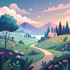 Serene Countryside Scenery with Rolling Hills and Wildflowers