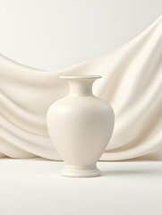 Elegant cream-colored vase on a white backdrop with flowing fabric