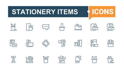 Stationery items minimal icon set. Contains related to ruler, pen, scissor, board and more. Stationery modern icons set. Collection for mobile and web apps. Minimal icon pack.