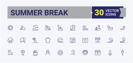 Summer Break simple icon. Included plane, ball, mask, ice, Vacation, Tourism, tree, vacation, travel. Summer icon pack. Thin linear style icons. Minimalistic icon collections.