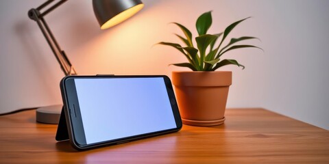 Fototapeta premium Smartphone, potted plant, and desk lamp on wooden surface, gadget, green