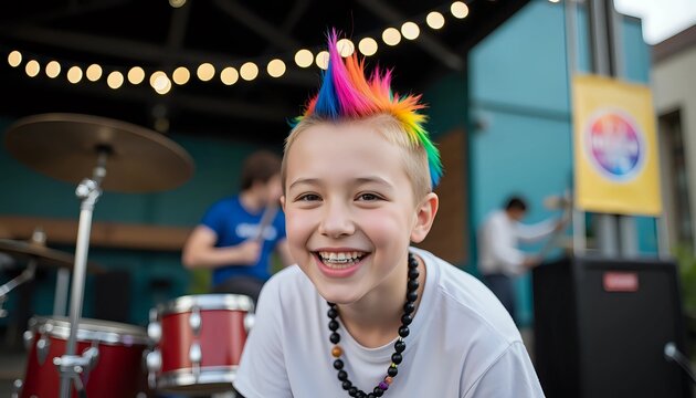 Smiling boy with rainbow mohawk at an outdoor music event