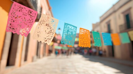 lively cinco de mayo street celebration with vibrant papel picado flags fluttering in breeze