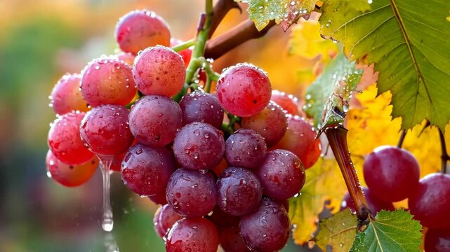 Freshly harvested red grapes glisten with dew in a vibrant vineyard during early morning light
