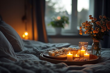 romantic dinner bed with flowers bucket