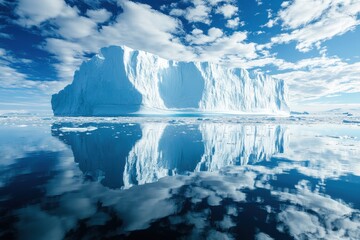 Majestic Iceberg Reflection in Calm Antarctic Waters Under Blue Sky