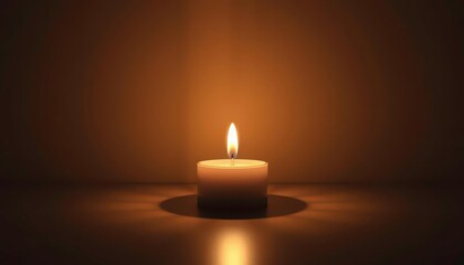 Soft glowing minimalist candle casts geometric shadows on dark surface,  candle holder,  grey