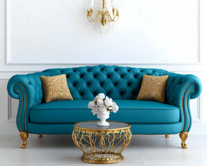 Elegant teal tufted sofa with gold accents in a classic room