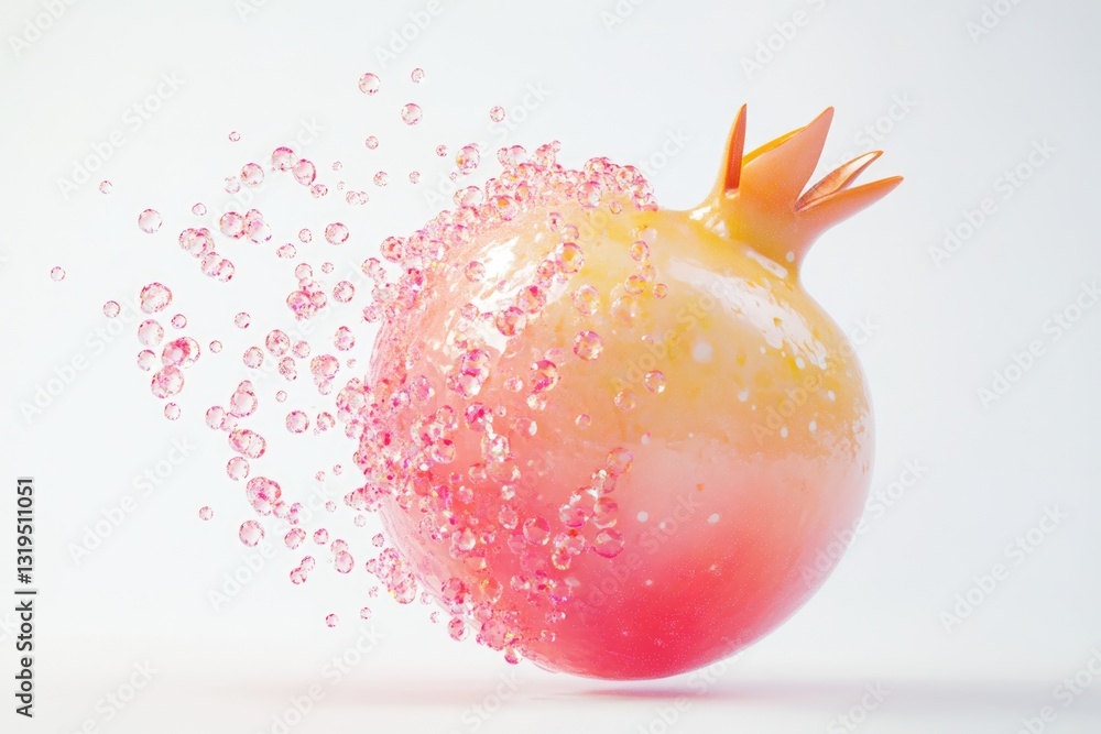 Poster a vibrant, glossy pomegranate with pink bubbles exploding from its surface, creating a dynamic, arti